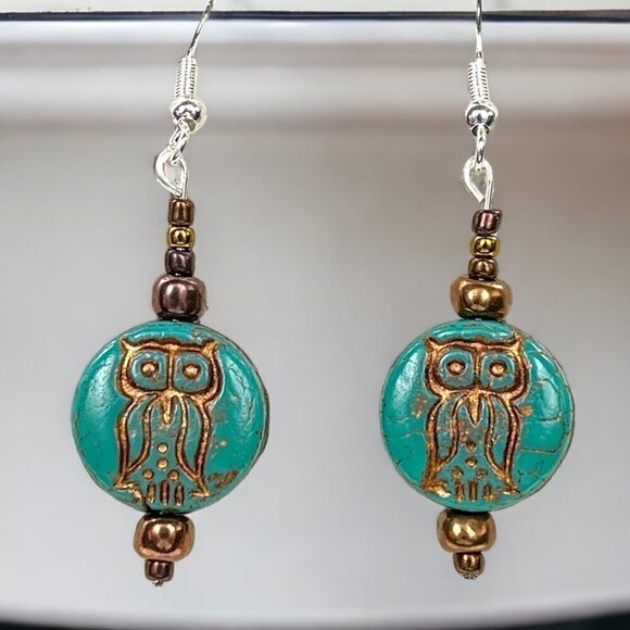 Owl Drop Earrings Handmade Sterling Silver - Picture 2 of 5